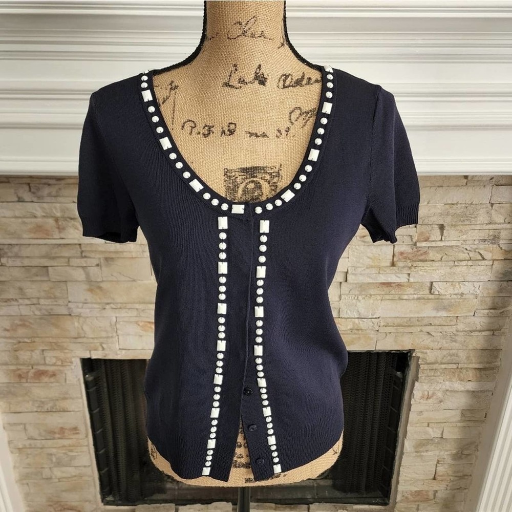 LOFT soft stretchy white beaded navy jacket cardigan size small